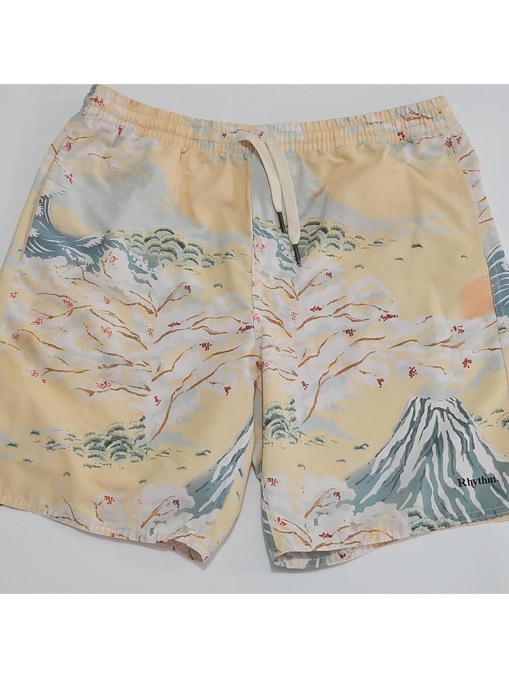 Rhythm Men’s Swim Shorts  32 Beige/Blue/White Scenic Drawstring. Mesh Lined 0121